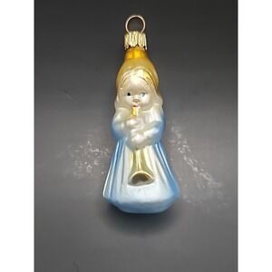 Vintage Blown Glass German Christmas Ornamemt Little Angel In Blue Silver & Gold